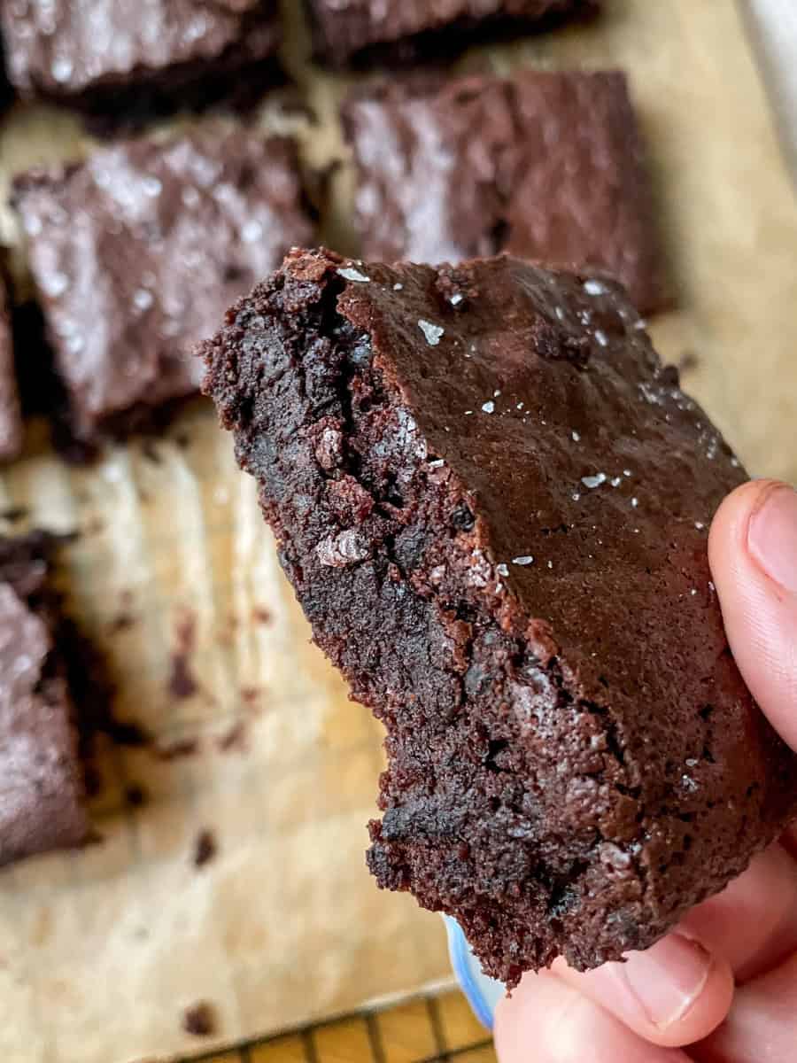 Close-up of a sourdough discard brownie showing a rich, fudgy interior