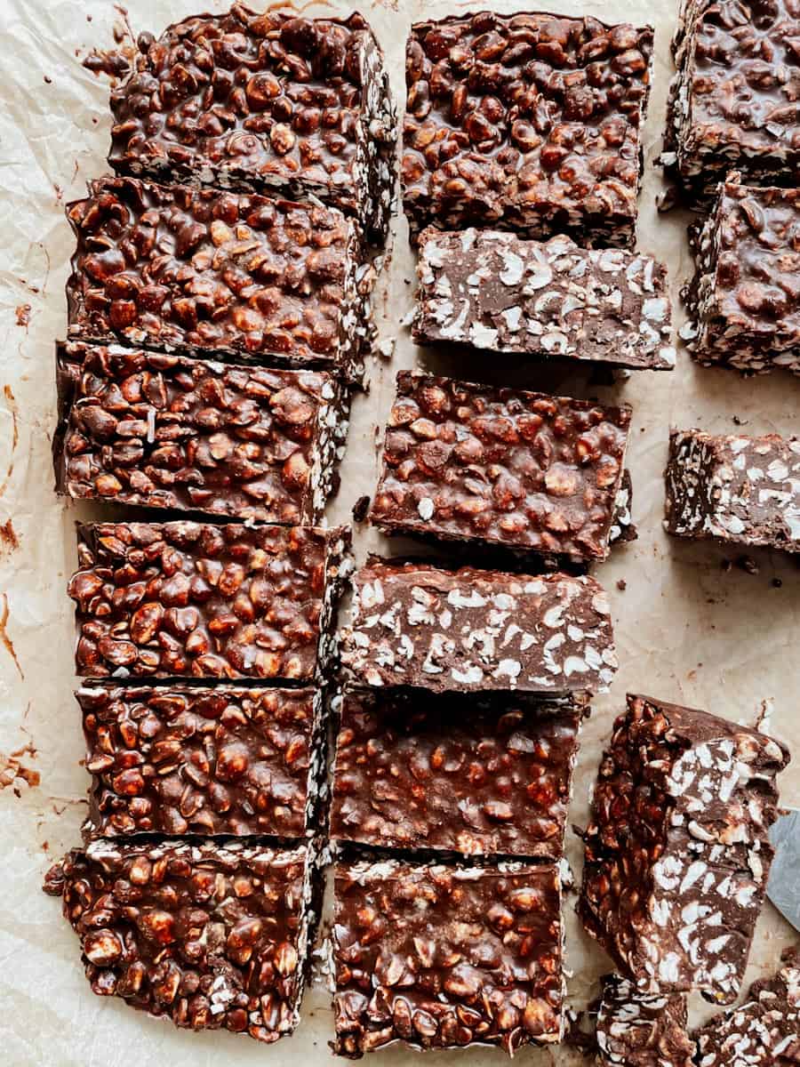 homemade chocolate crunch bars topped with flaky sea salt