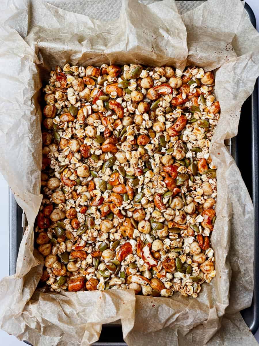 Baked nut bars golden and set in baking pan