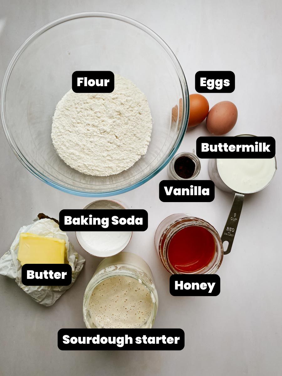 ingredients for sourdough buttermilk pancakes laid out on counter