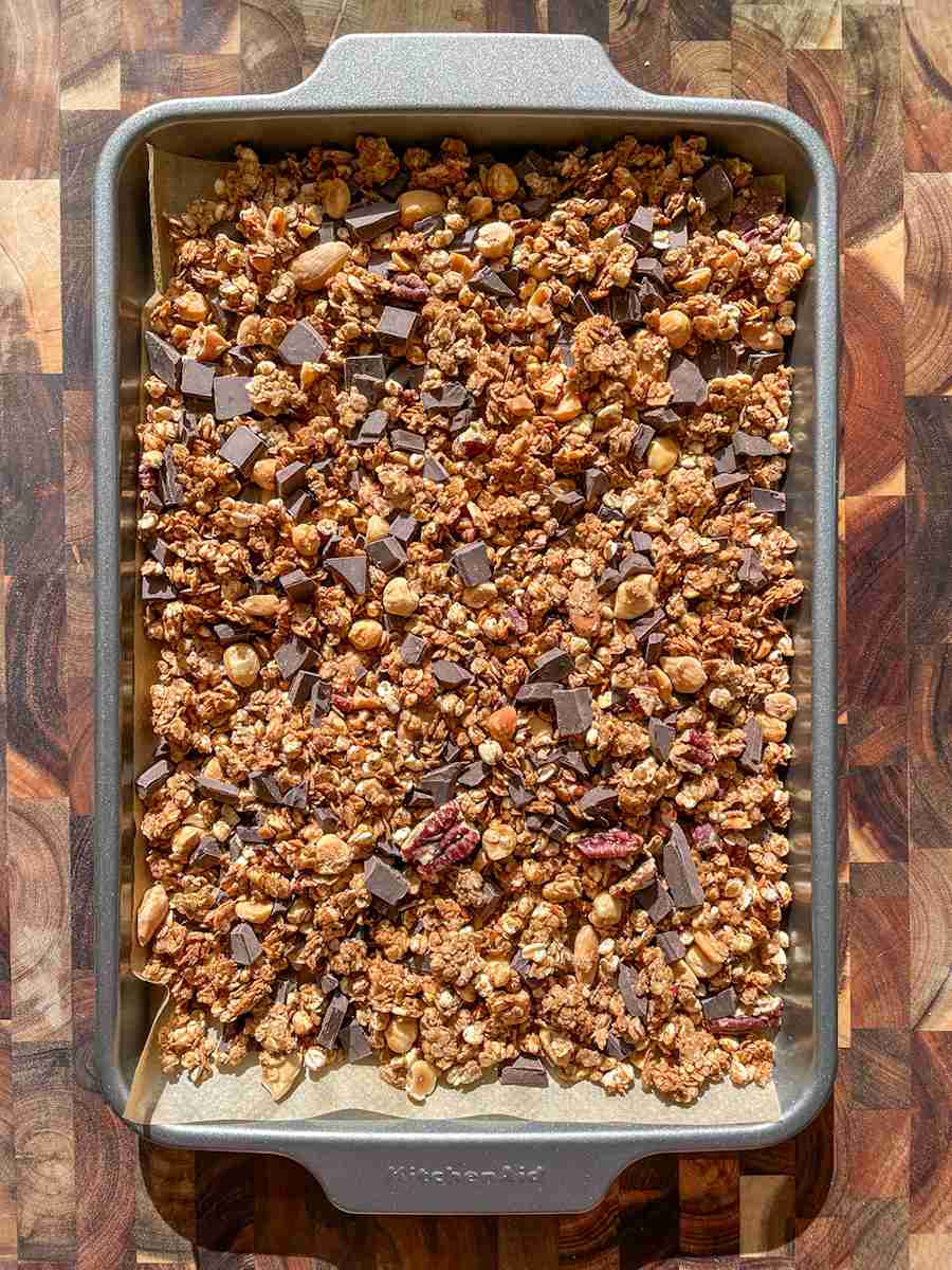 Chopped dark chocolate folded into cooled sourdough granola