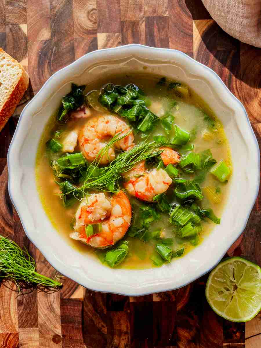Finished swiss chard soup with fennel topped with fresh lemon juice.